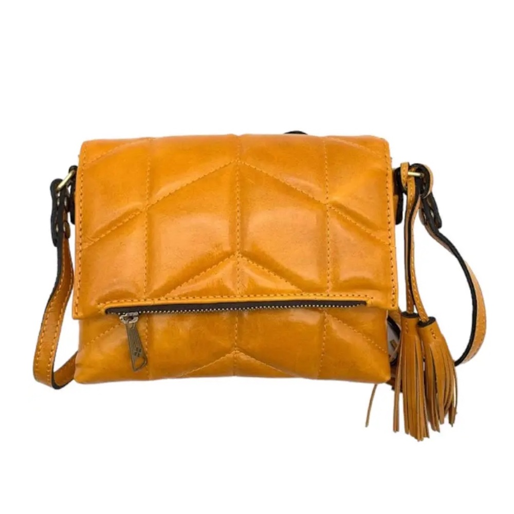 NWOT Patricia Nash Quilted Oil-Waxed Leather Corfu Crossbody in Yellow Camel